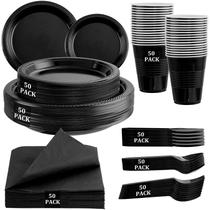 Conjunto de pratos descartáveis Mirthmood Black 350 unidades com talheres Conjunto de pratos descartáveis Mirthmood Black 350 unidades com talheres