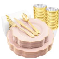 Conjunto de pratos descartáveis NOCCUR rosa com ouro 175 unidades de casamento/festa Conjunto de pratos descartáveis NOCCUR rosa com ouro 175 unidades de casamento/festa