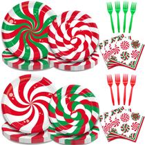 Conjunto de Pratos e Guardanapos de Festa Natalina Peppermint Candy (24 Peças)