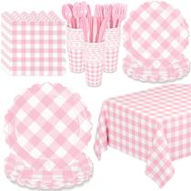 Conjunto de pratos e guardanapos descartáveis WNINK Light Pink Gingham Conjunto de pratos e guardanapos descartáveis WNINK Light Pink Gingham