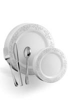 Conjunto de pratos e talheres de plástico descartáveis, 200 unidades, requintado Conjunto de pratos e talheres de plástico descartáveis, 200 unidades, requintado