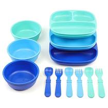 Conjunto de pratos e utensílios divididos para crianças Re-Play Blue USA Conjunto de pratos e utensílios divididos para crianças Re-Play Blue USA