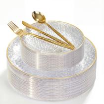 Conjunto de Pratos IOOOOO 150 peças Plástico Transparente com Borda Dourada Conjunto de Pratos IOOOOO 150 peças Plástico Transparente com Borda Dourada