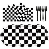 Conjunto de pratos para festa Xjoviative 72 peças tema carro de corrida xadrez Conjunto de pratos para festa Xjoviative 72 peças tema carro de corrida xadrez