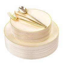 Conjunto de Pratos Plásticos I00000 150 peças Marfim com Borda Dourada