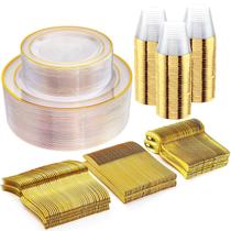 Conjunto de pratos WELLIFE Clear Gold 300 unidades com copos e talheres