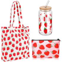 Conjunto de presente Bulyoou Strawberry com copos de vidro de 473 ml com tampas Conjunto de presente Bulyoou Strawberry com copos de vidro de 473 ml com tampas