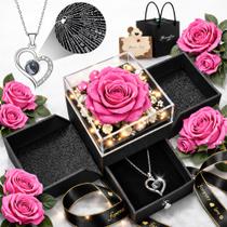 Conjunto de Presente com Rosa Preservada e Colar cdco Eu Te Amo em 100 Línguas