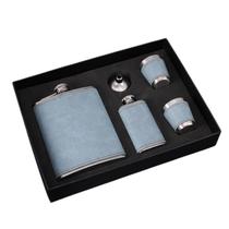 Conjunto de presente Hip Flask em aço inoxidável, couro azul, 300 ml Conjunto de presente Hip Flask em aço inoxidável, couro azul, 300 ml