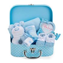 Conjunto de presentes para bebês em azul - cesta de bebê com presentes, incluindo um cascalho, moldura de fotos, pano de musselina, babador, luvas e chapéu