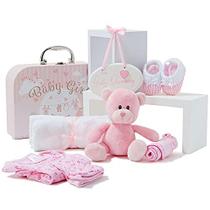 Conjunto de presentes para bebês Presentes de bebê recém-nascido incluem roupas de bebê, panos de musselina, ursinho de pelúcia rosa bonito e placa pendurada