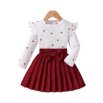 Conjunto De Primavera Para Meninas 2 Peças Com Estampa De Corações Vermelhos, Blusa E Saia Plissada Conjunto De Primavera Para Meninas 2 Peças Com Estampa De Corações Vermelhos, Blusa E Saia Plissada