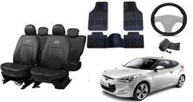 Conjunto de Proteção e Estilo Veloster 11-14: Capa de Couro + Tapete + Capa de Volante