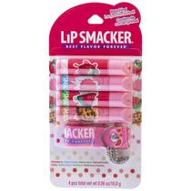Conjunto de protetor labial Lip Smacker aromatizado com cordão rosa para crianças x4 Conjunto de protetor labial Lip Smacker aromatizado com cordão rosa para crianças x4