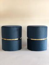 Conjunto de Puff redondo moderno com detalhe cinta para sala de estar ou quarto - Azul Suede