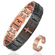 Conjunto de Pulseira e Anel Ajustável de Cobre Magnético Fashtour com Cruz Conjunto de Pulseira e Anel Ajustável de Cobre Magnético Fashtour com Cruz