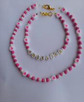 Conjunto de Pulseira e Colar de miçangas coloridas personalizado com Nome
