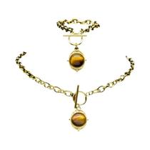 Conjunto De Pulseira Feminina De Aço Inoxidável Dourado Vintage Com Pedra De Olho De Tigre 2 Peças