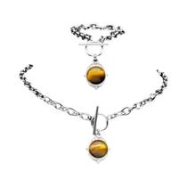 Conjunto De Pulseira Feminina De Aço Inoxidável Dourado Vintage Com Pedra De Olho De Tigre 2 Peças