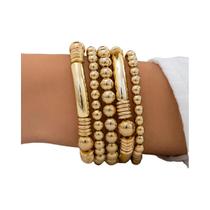 Conjunto De Pulseiras De Contas Redondas Vintage Punk Douradas Para Mulheres, Braceletes Elásticos Conjunto De Pulseiras De Contas Redondas Vintage Punk Douradas Para Mulheres, Braceletes Elásticos