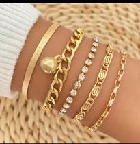 Conjunto de Pulseiras de Corrente Banhadas a ouro 18 k c/ Pingentes de Coração e Cristais, Acessórios de Moda