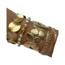 Conjunto De Pulseiras De Metal Largas Com Pérolas Falsas Em Cor Dourada Vintage Para Mulheres, Uso