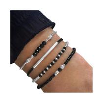 Conjunto De Pulseiras De Pedra De Vidro Preto Para Mulheres, Com Corda Trançada, Contas E Corrente, Conjunto De Pulseiras De Pedra De Vidro Preto Para Mulheres, Com Corda Trançada, Contas E Corrente,