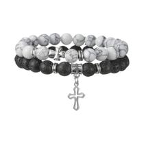 Conjunto De Pulseiras De Pedra Vulcânica Turquesa Branca Vintage Para Homens, Design De Cruz