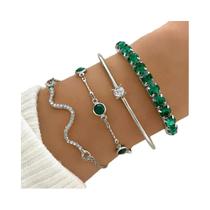 Conjunto De Pulseiras De Strass Verde Para Mulheres, Bracelete Aberto Em Forma De Cobra Dourado E
