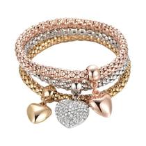 Conjunto De Pulseiras Elásticas Femininas Em 3 Cores Com Pingente De Coração, Joias De Moda Para