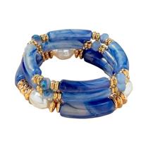 Conjunto De Pulseiras Elásticas Vintage Em Resina 3 Peças Opções Azul Bambu Dourado Espaçador Pérola