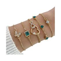 Conjunto De Pulseiras Femininas Douradas Com Borboletas E Cristais De Strass, 5 Peças, Design De