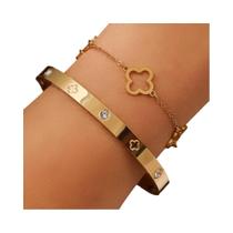 Conjunto De Pulseiras Femininas Trevo Da Sorte Coração Em Aço Inoxidável Com Zircônia Brilhante Joia