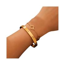 Conjunto De Pulseiras Femininas Trevo Da Sorte Coração Em Aço Inoxidável Com Zircônia Brilhante Joia