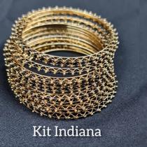 Conjunto de Pulseiras Indiana Dourada e Preta 12 peças