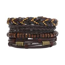 Conjunto De Pulseiras Trançadas De Couro PU Vintage Para Homens Com Contas De Madeira, Moda, 6/4