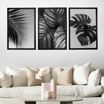 Conjunto de Quadros Abstratos Formas Geométricas Folhagem Preto e Branco Quarto Casal Sala 63x135 com Moldura 3peças