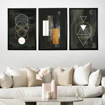 Conjunto de Quadros Abstratos Formas Geométricas Preto e Dourado Quarto Casal Sala 63x135 com Moldura 3peças
