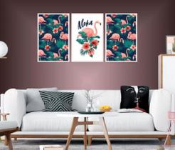 conjunto de quadros decorativos 3 peças Aloha Flamingos"