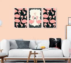 conjunto de quadros decorativos 3 peças Flamingos Apaixonados"