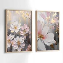 Conjunto de Quadros Decorativos com Moldura Arte Pintura Flores Branca Sala Quarto Kit 2