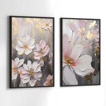 Conjunto de Quadros Decorativos com Moldura Arte Pintura Flores Branca Sala Quarto Kit 2 - Império do Quadro