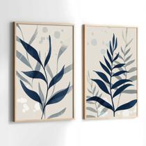 Conjunto de Quadros Decorativos com Moldura Folhas Azul Tons Neutro Sala Quarto Kit 2