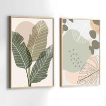 Conjunto de Quadros Decorativos com Moldura Folhas Clean Verde Rosa Sala Quarto Kit 2