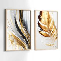 Conjunto de Quadros Decorativos com Moldura Folhas Gold Abstrato Sala Quarto Kit 2