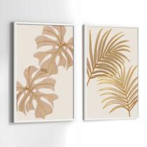 Conjunto de Quadros Decorativos com Moldura Folhas Marrom Bege Dourada Sala Quarto Kit 2 Conjunto de Quadros Decorativos com Moldura Folhas Marrom Bege Dourada Sala Quarto Kit 2