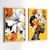 Conjunto de Quadros Decorativos com Moldura Mulher Flores na Cabeça laranja Amarelo Sala Quarto Kit 2