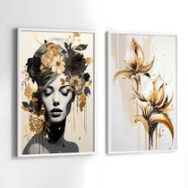 Conjunto de Quadros Decorativos com Moldura Mulher Folhas Douradas luxo Abstrato Sala Quarto Kit 2