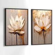 Conjunto de Quadros Decorativos com Moldura Rosas Branca e Dourada Pintura Arte Sala Quarto Kit 2