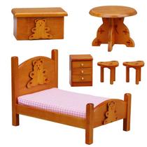 Conjunto de quarto de casa de bonecas em miniatura, cama de madeira com design de urso Conjunto de quarto de casa de bonecas em miniatura, cama de madeira com design de urso